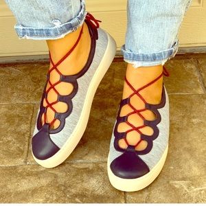 Denim Lace Up Caged Vamp Loafer Sneakers